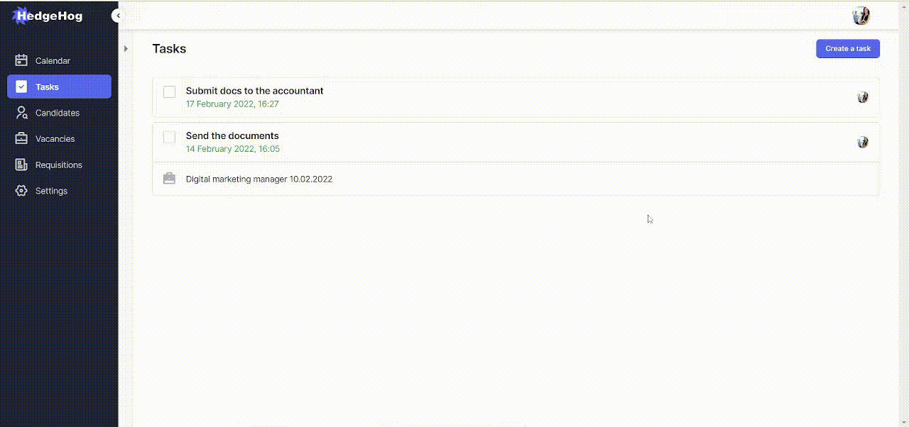 Creating a task – Hedgehog System